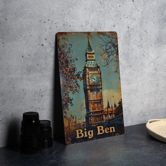 a picture of big ben on a metal sign