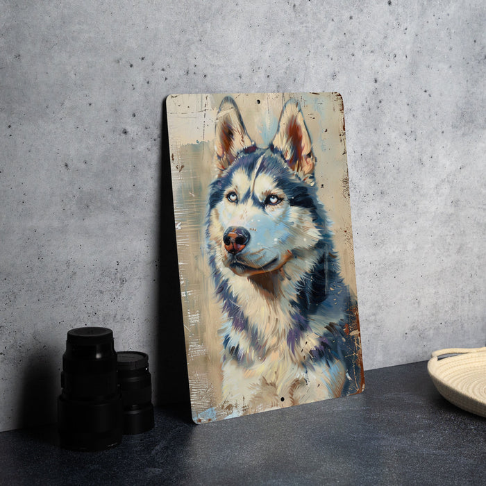 a painting of a dog on a canvas next to a plate