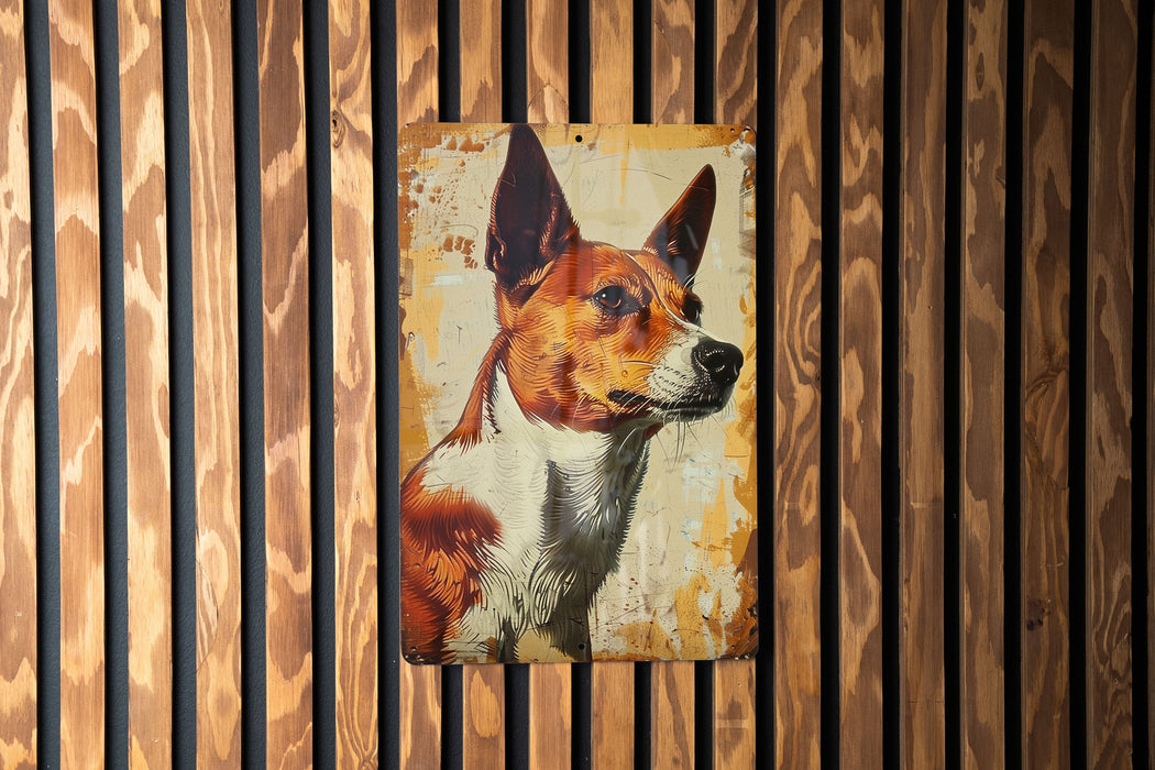 a painting of a dog on a wooden wall
