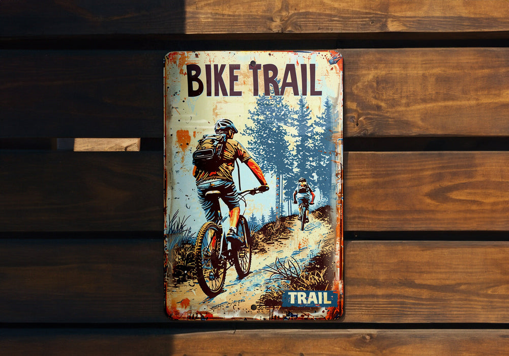 a sign on a wooden wall that says bike trail