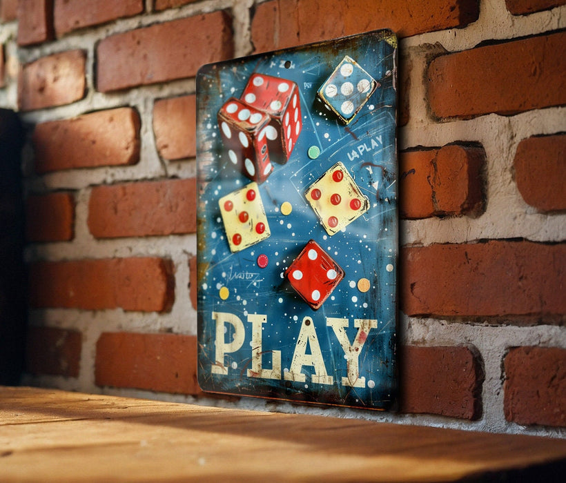 a wooden table with a sign that says play on it