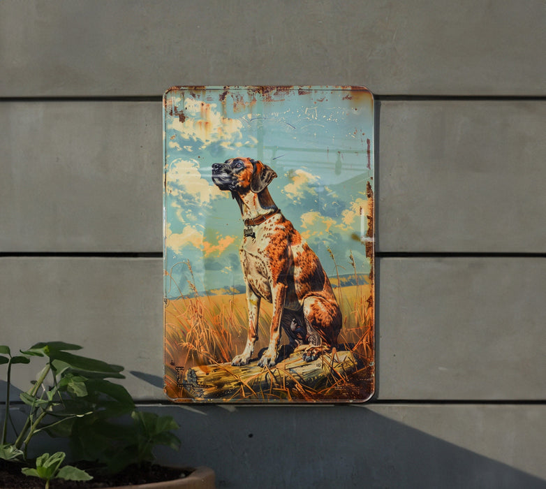 a painting of a dog on a wall next to a potted plant