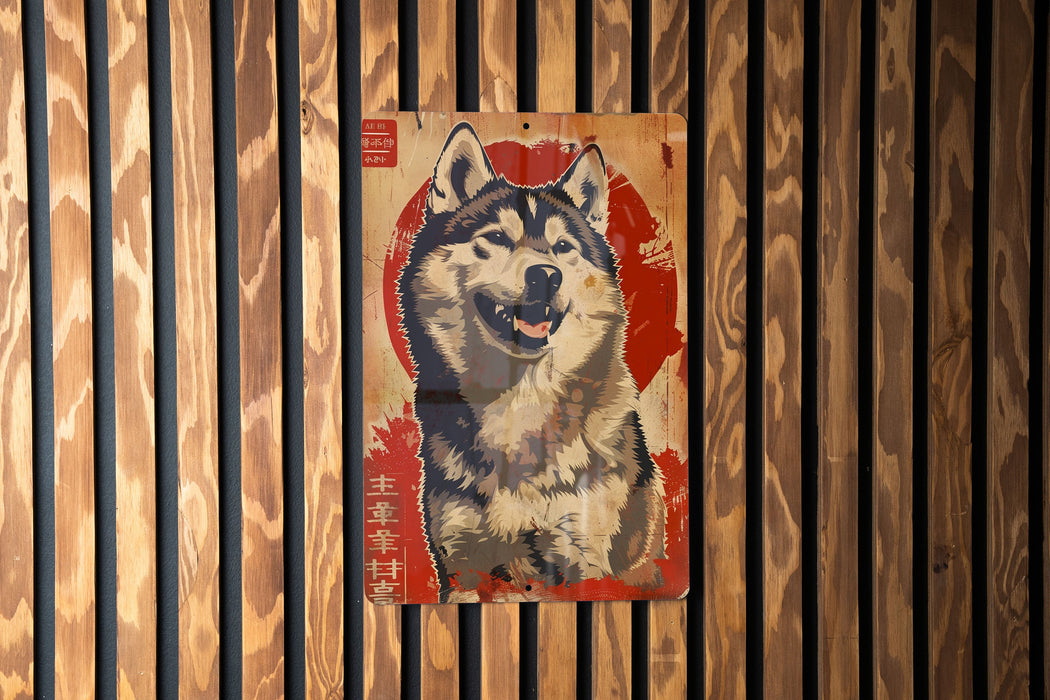 a picture of a dog on a wooden wall