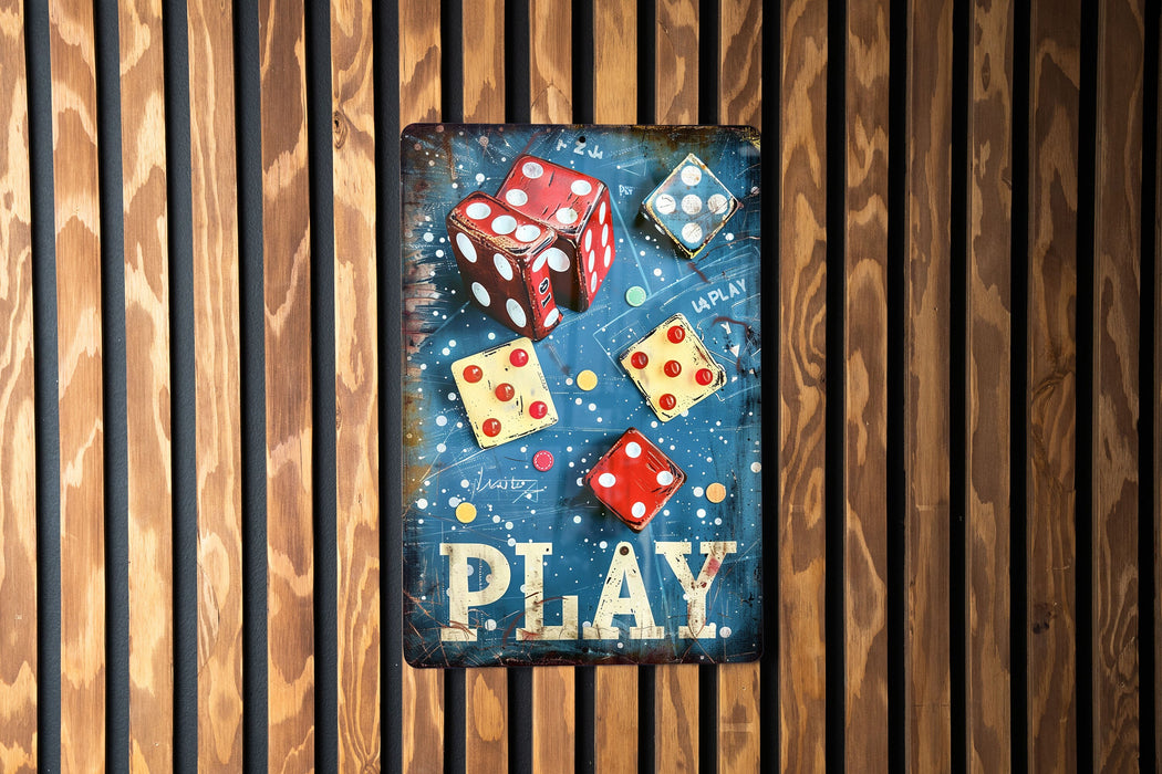 a sign that says play with dices on it