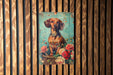 a painting of a dog on a wooden wall