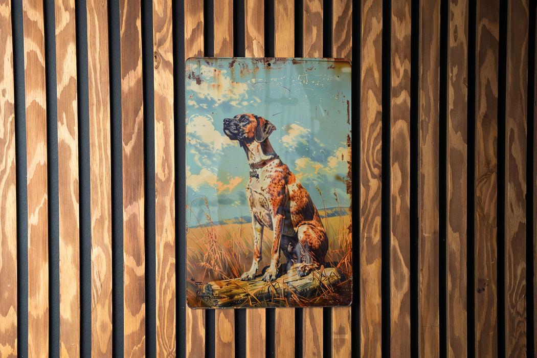 a painting of a dog on a wooden wall