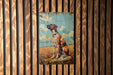 a painting of a dog on a wooden wall