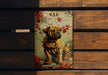 a picture of a dog on a wooden bench