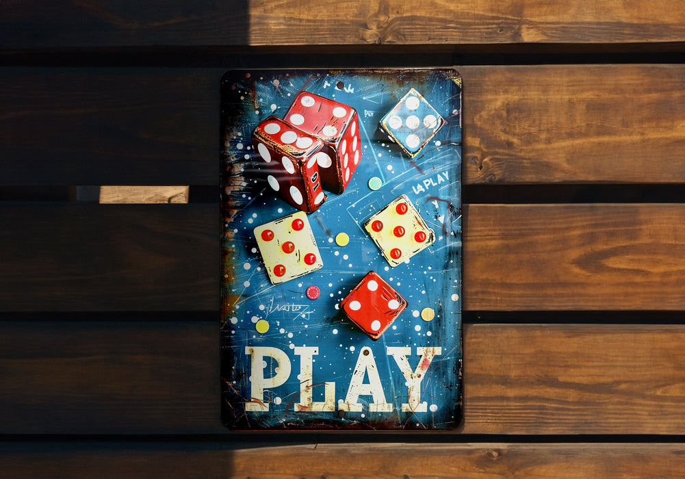 a wooden sign with dices and dices on it