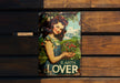 a book with a picture of a woman holding flowers