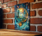a painting on a brick wall next to a wooden table
