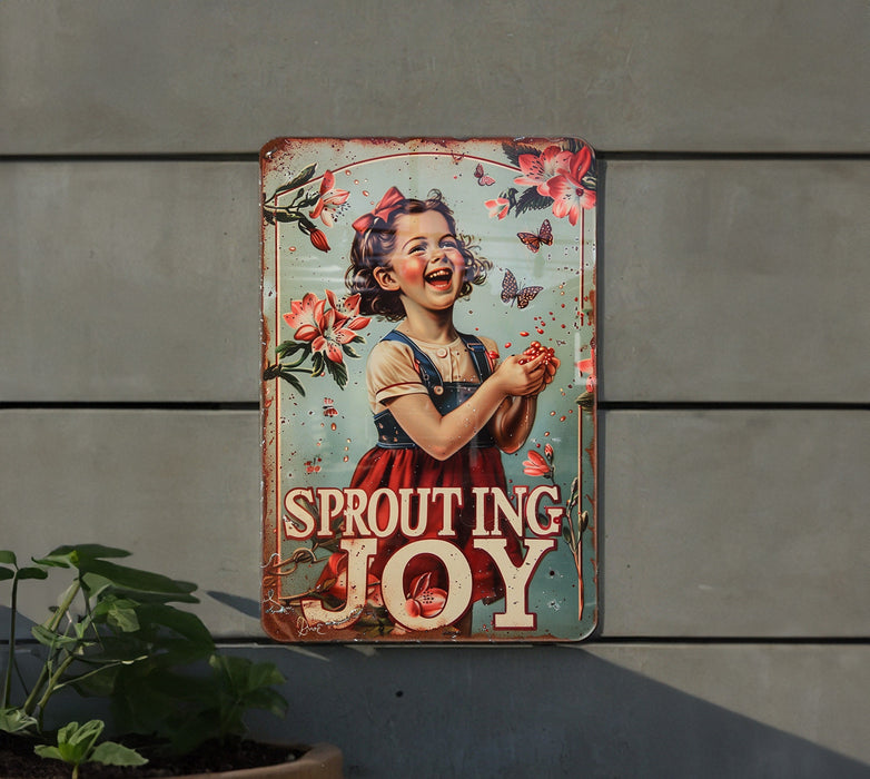 a metal sign that says, sprout in the joy