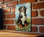 a painting of a dog on a brick wall