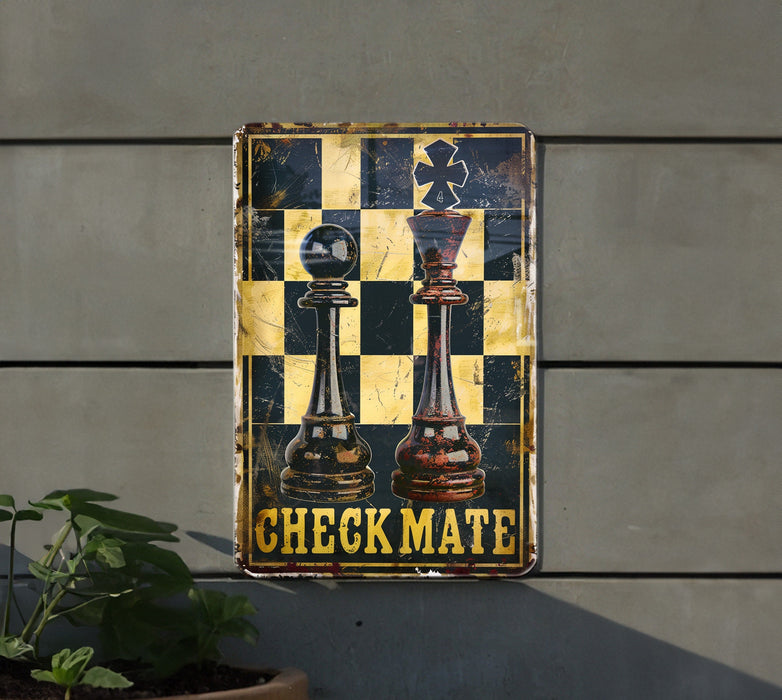 a metal sign with chess pieces on it