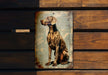 a picture of a dog on a wooden wall