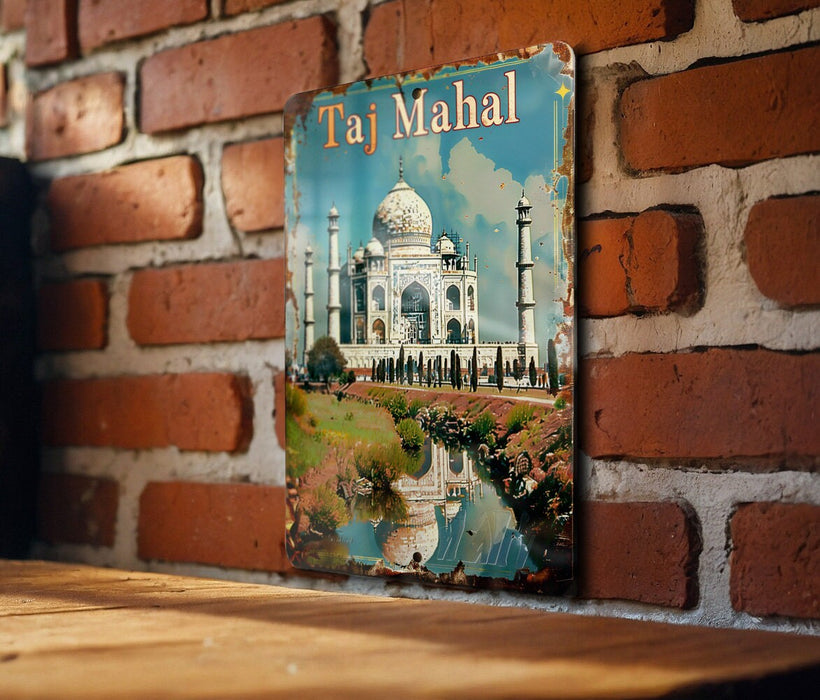 a picture of taj mahlal on a brick wall