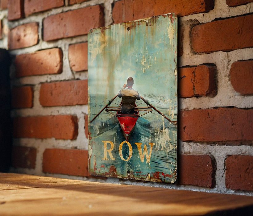 a brick wall with a painting of a man rowing a boat