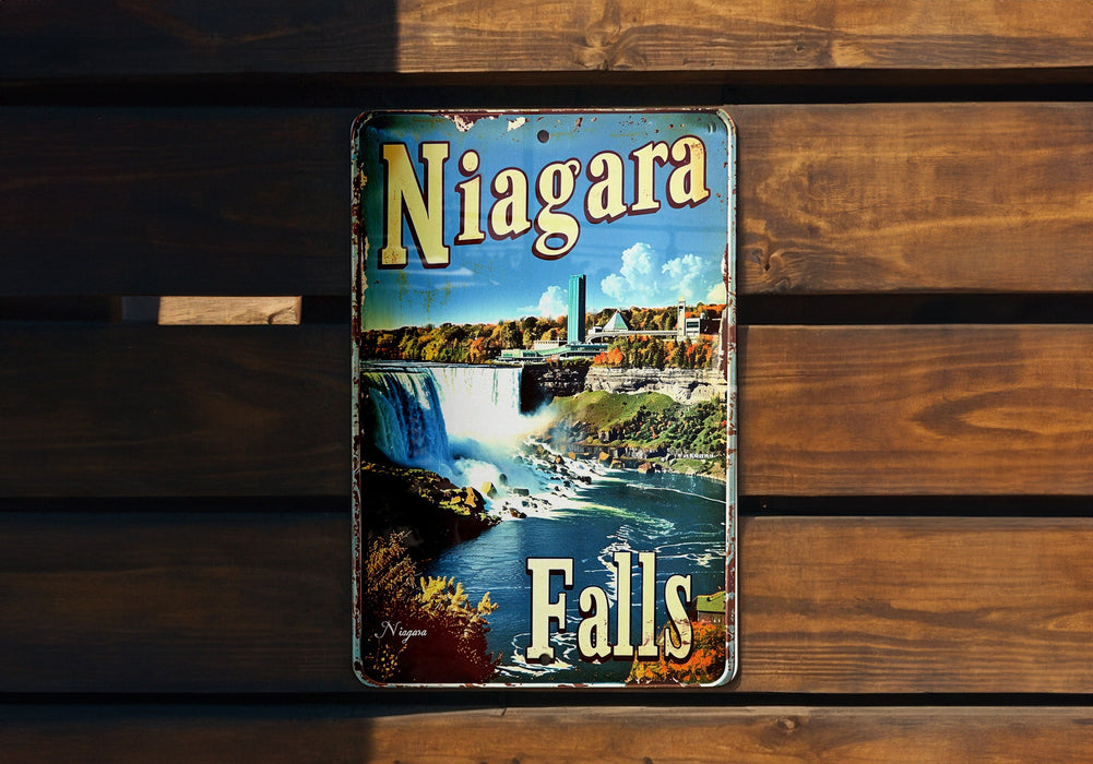 a picture of niagara falls on a wooden bench