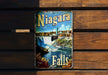 a picture of niagara falls on a wooden bench