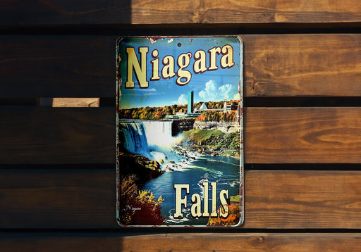 a picture of niagara falls on a wooden bench