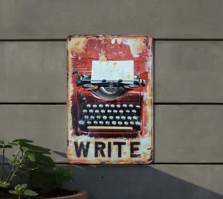 a rusty sign with an old typewriter on it