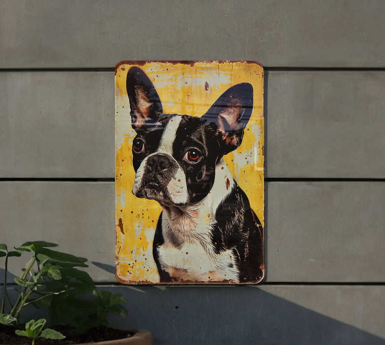 a picture of a black and white dog on a yellow background