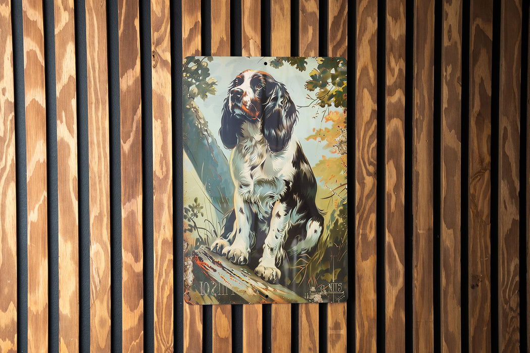 a painting of a dog on a wooden wall