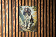 a painting of a dog on a wooden wall