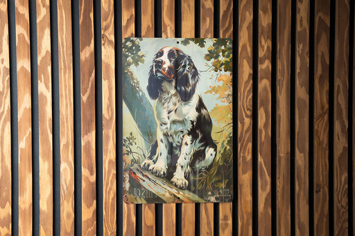 a painting of a dog on a wooden wall