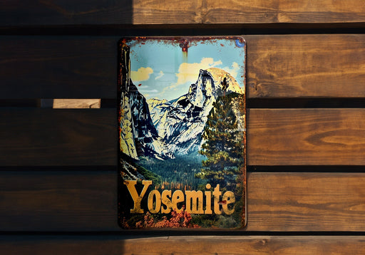 a picture of a yosemite sign on a wooden bench