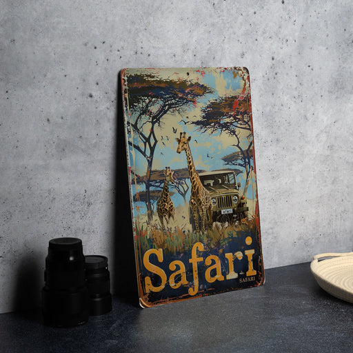 a picture of a giraffe and a jeep on a table