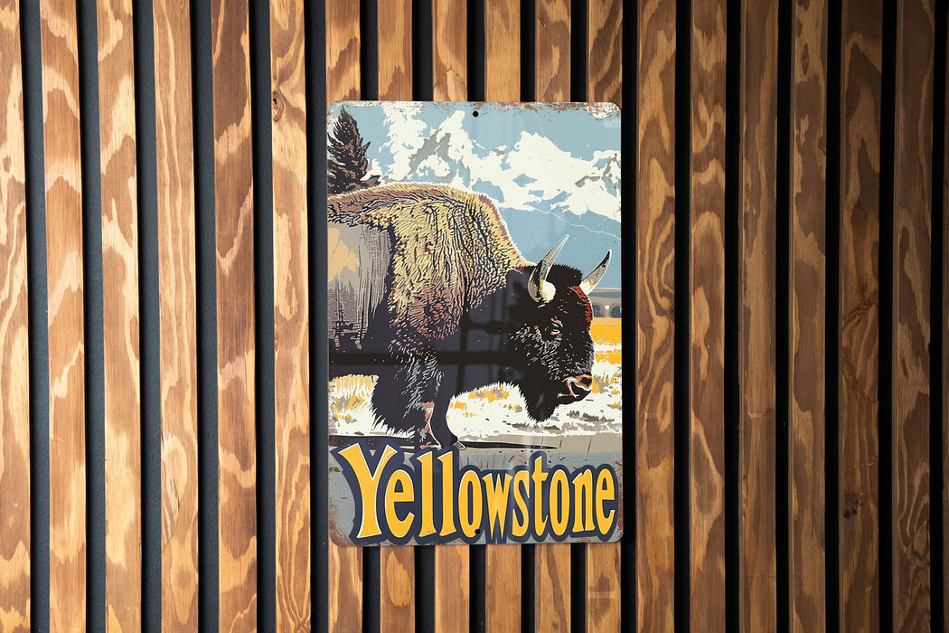 a painting of a bison on a wooden wall