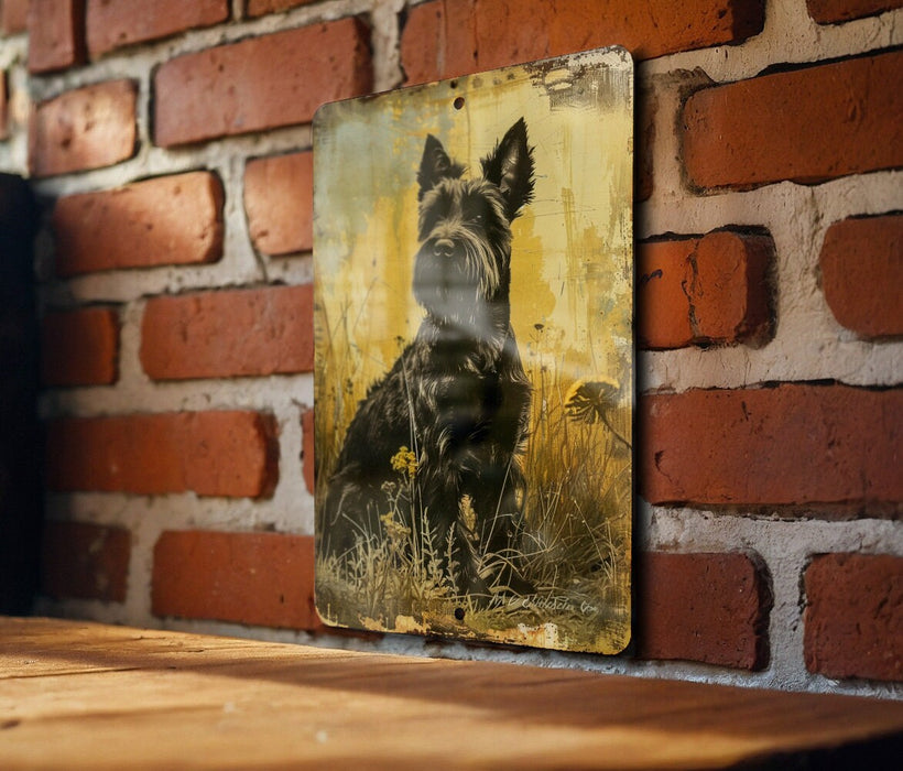 a picture of a dog is hanging on a brick wall