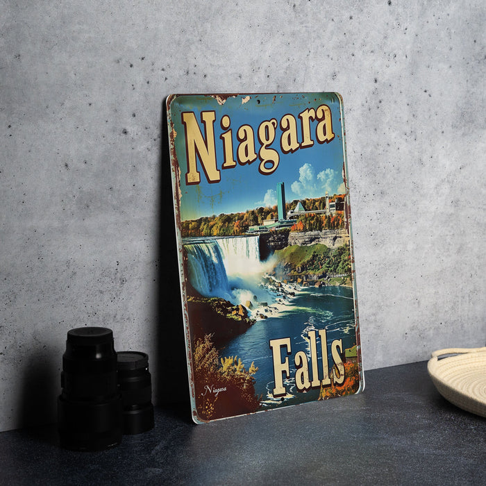 a picture of niagara falls on a metal sign