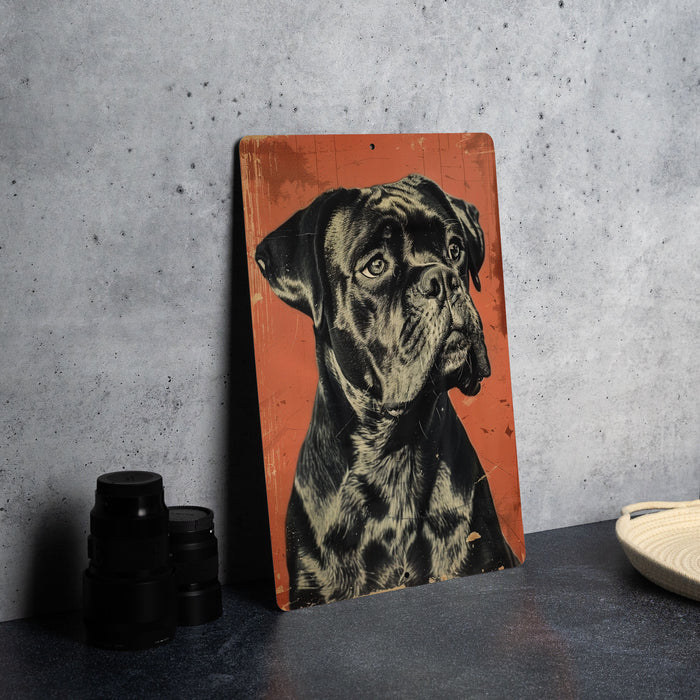 a picture of a dog on a wooden sign