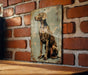 a picture of a dog on a brick wall
