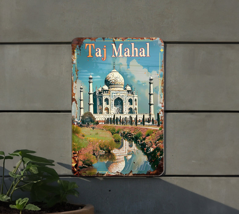 a metal sign with a picture of taj mahl on it