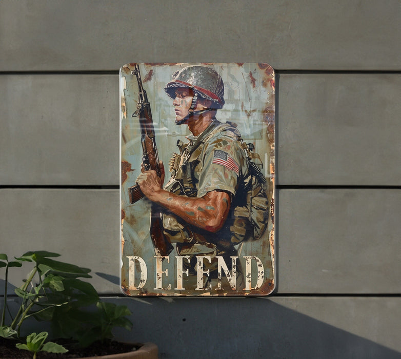 a metal sign with a soldier holding a rifle