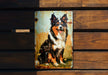 a picture of a dog on a wooden bench