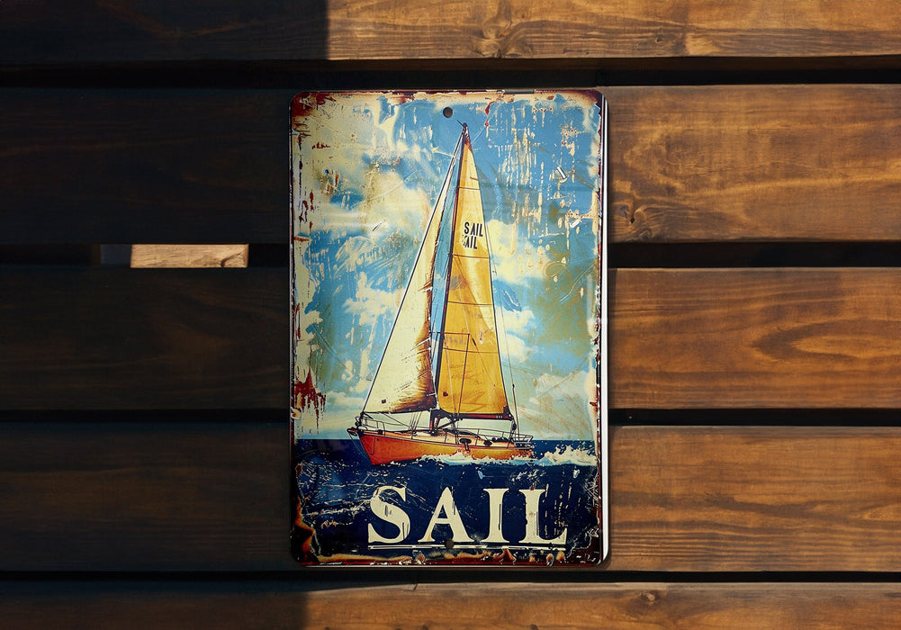 a sail sign hanging on a wooden wall
