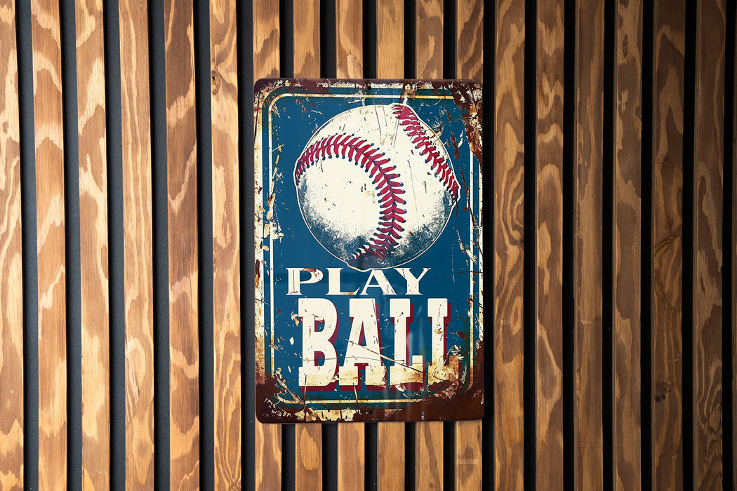 a metal sign with a baseball on it