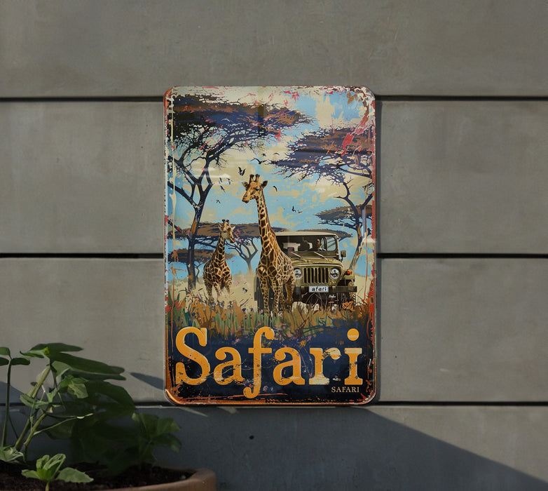 a picture of a giraffe and a jeep on a wall