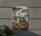 a picture of a giraffe and a jeep on a wall