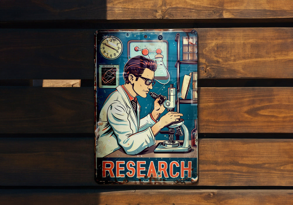 a poster of a man looking through a microscope