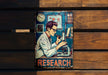 a poster of a man looking through a microscope