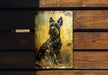 a picture of a dog on a wooden bench