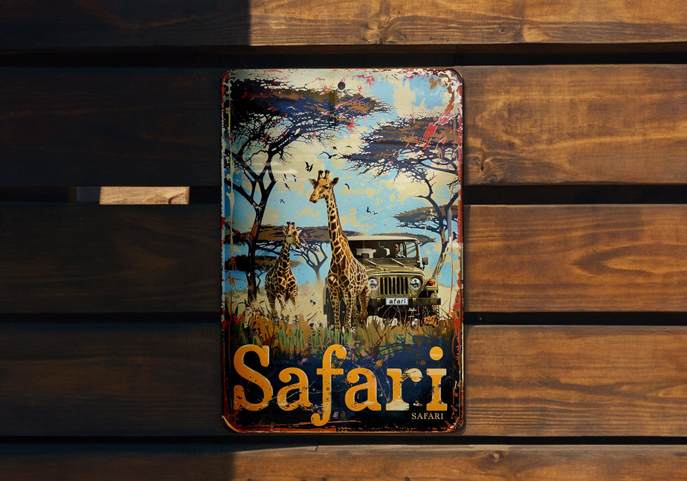 a picture of a giraffe and a jeep on a wall