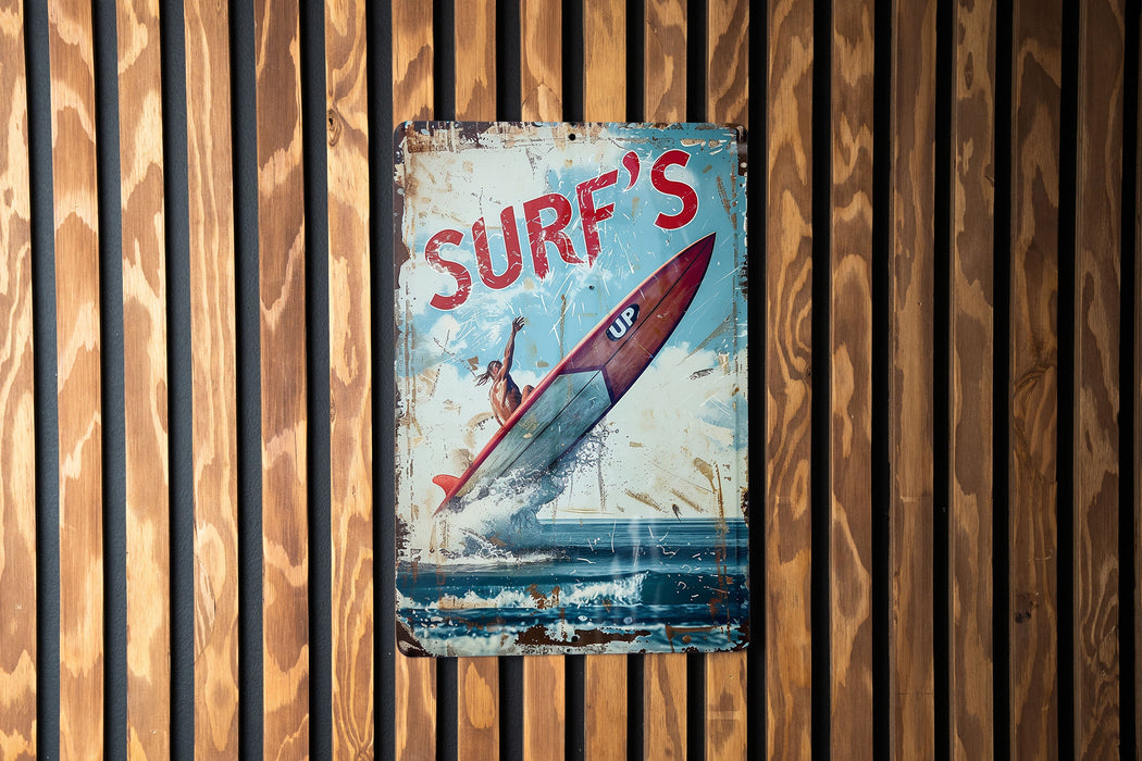 a sign on a wooden wall that says surf's