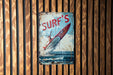 a sign on a wooden wall that says surf's