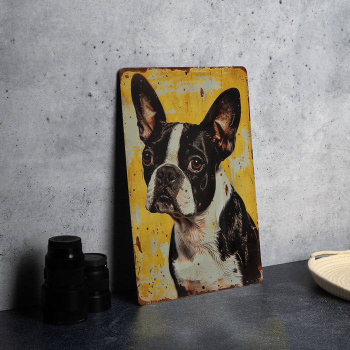 a picture of a black and white dog on a yellow background